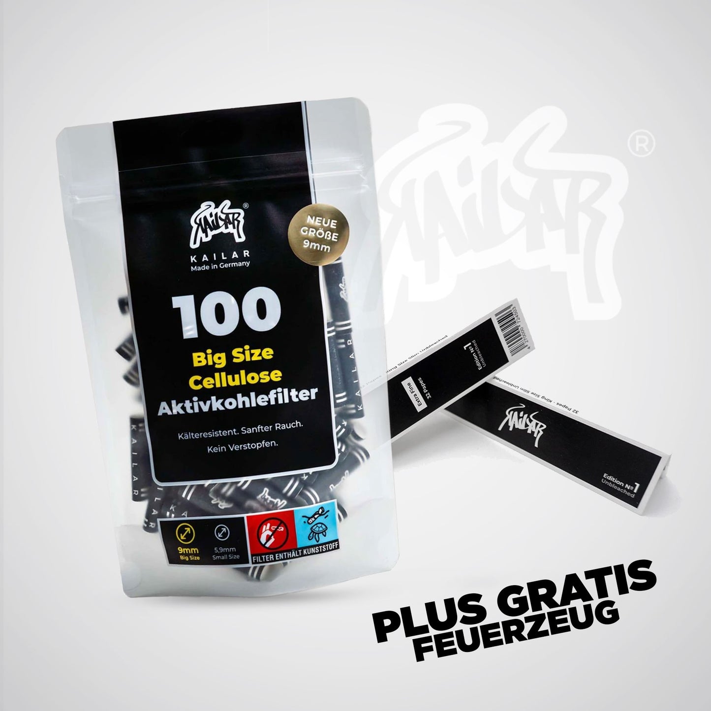 Kailar Aktivkohlefilter Cellulose Slim 9mm Schwarz (100 Stück)