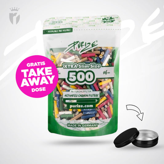 PURIZE Aktivkohlefilter XTRA Slim 6mm - (500 Stück + Dose)